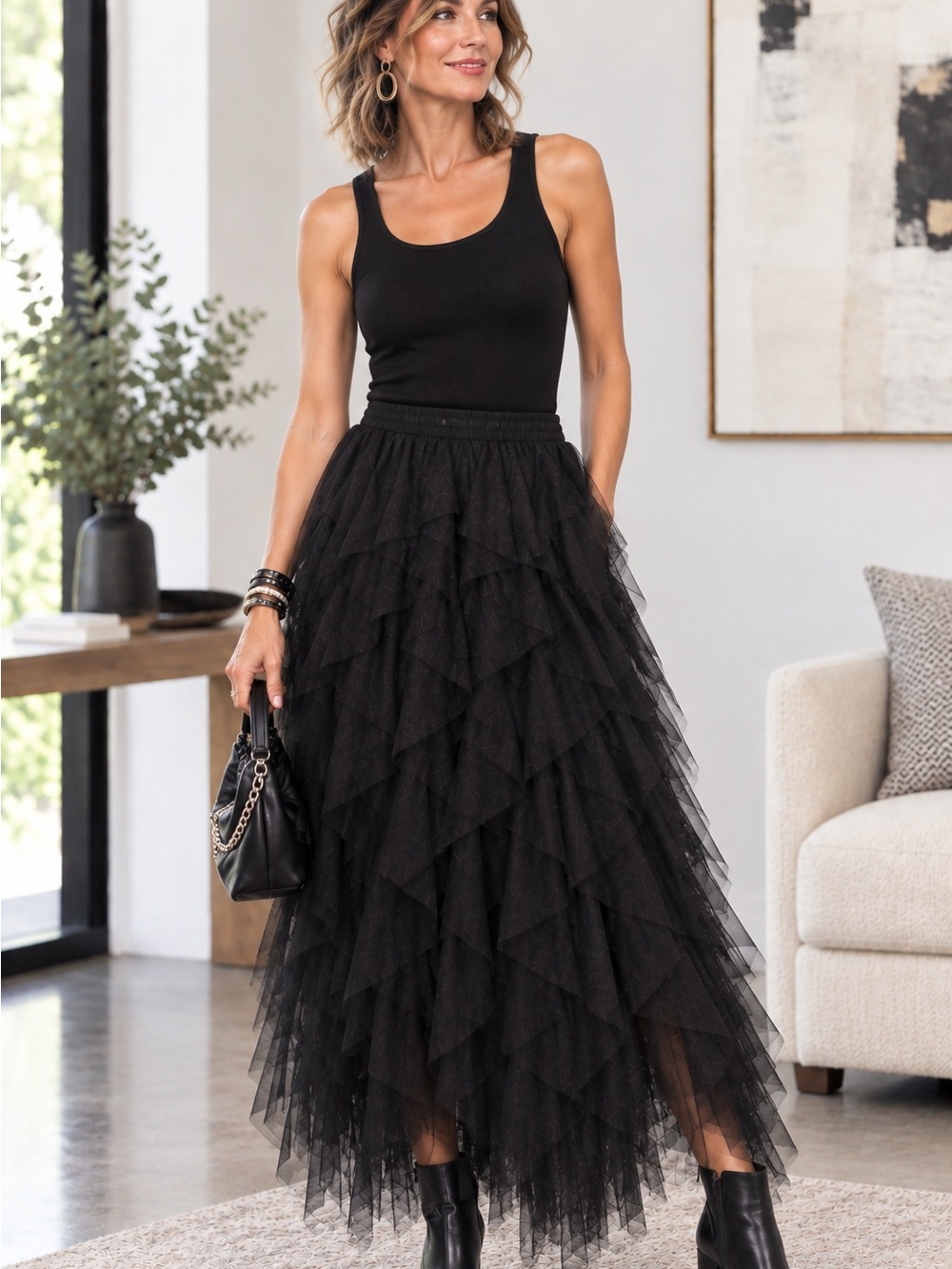 Black Layered Tulle Maxi Skirt - Women's Elegant/Funky Ruffled Skirt